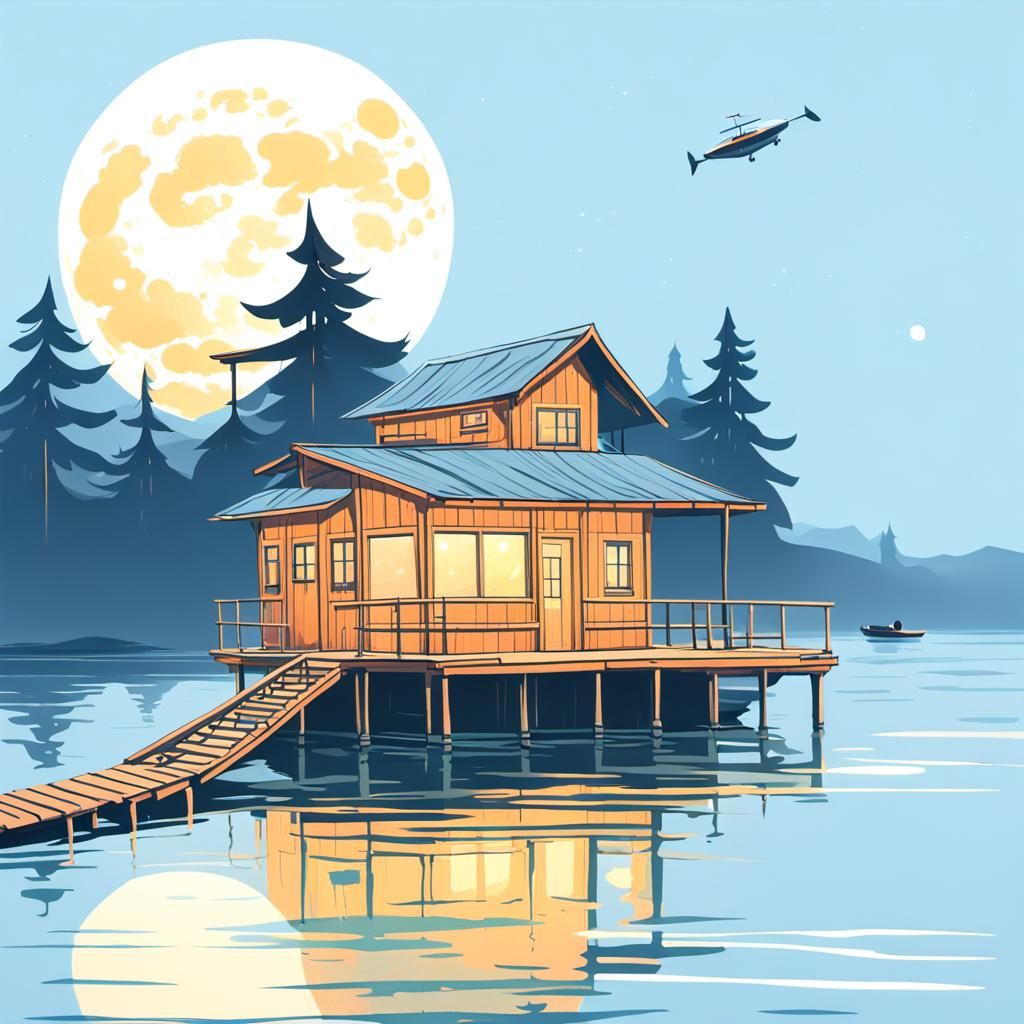 Moonlit Wooden House on Lake: Fantasy Concept Art