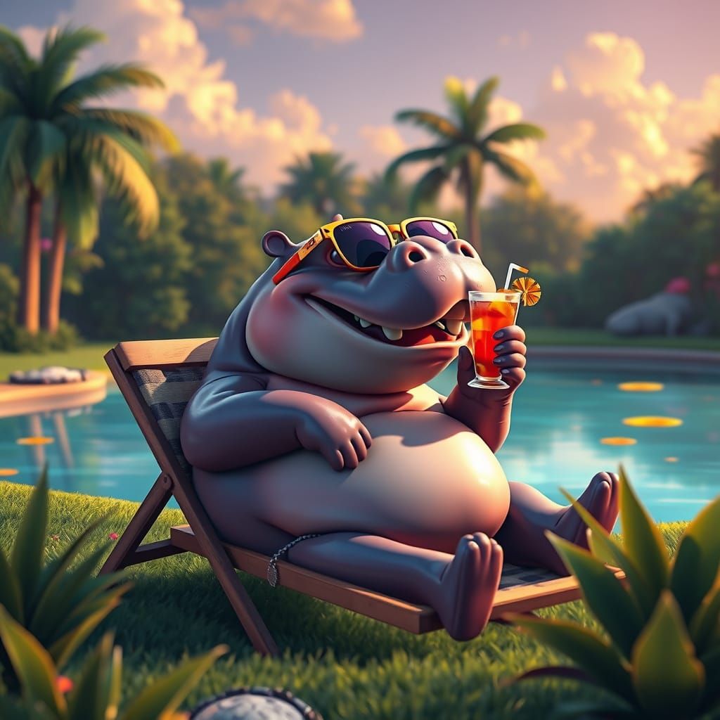 Hippo Relaxing with Cocktail in Cartoon Style