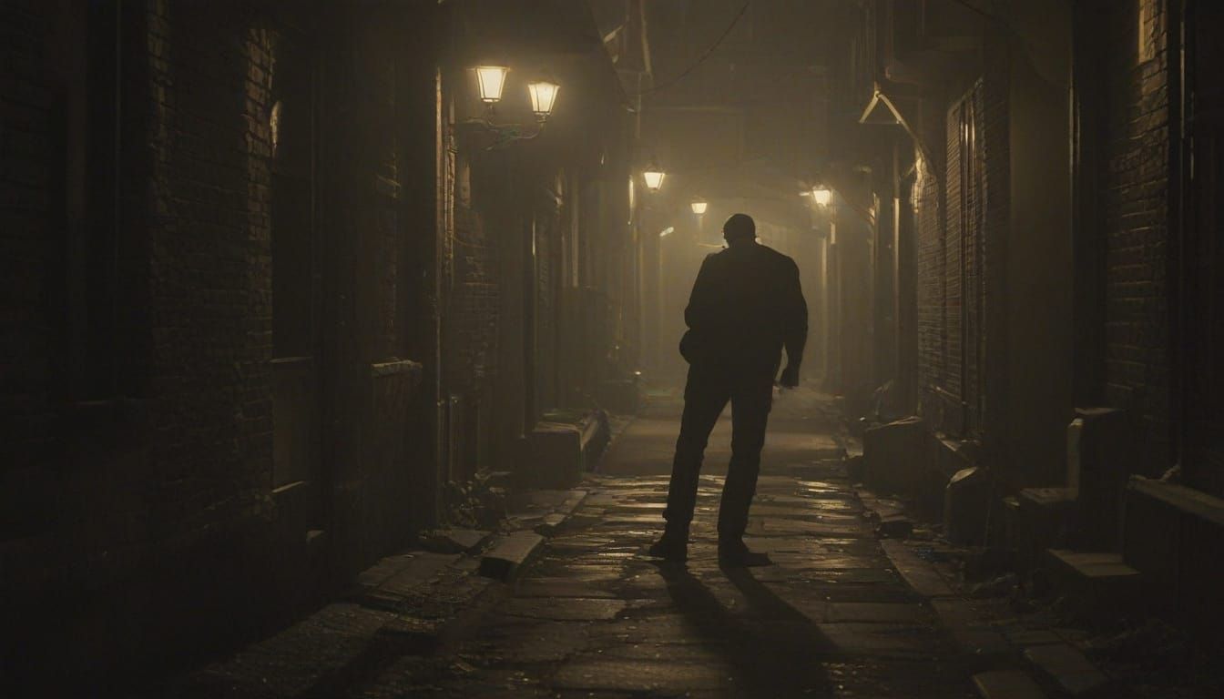 Man Cowers from Cloud of Insects in Moody Film Noir Alleyway