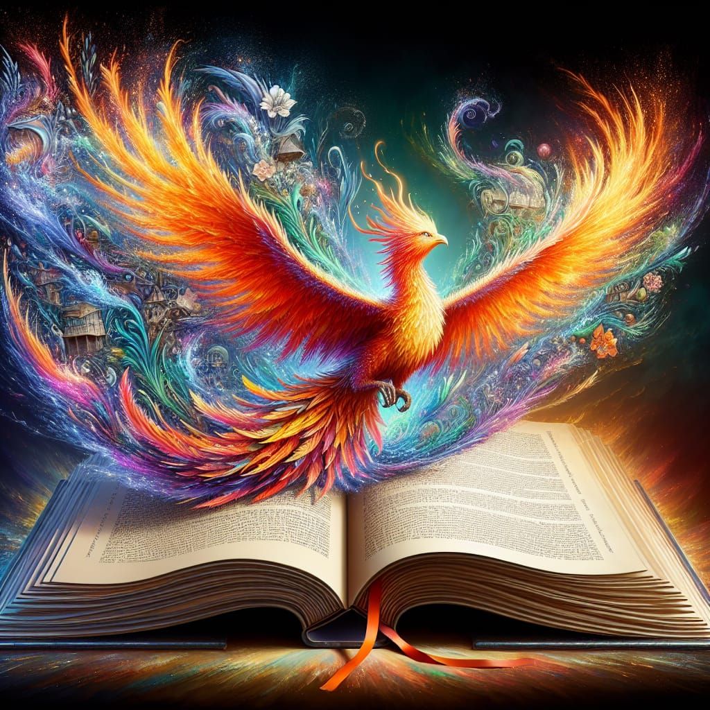 Phoenix Rising from Book in Splash Art Style