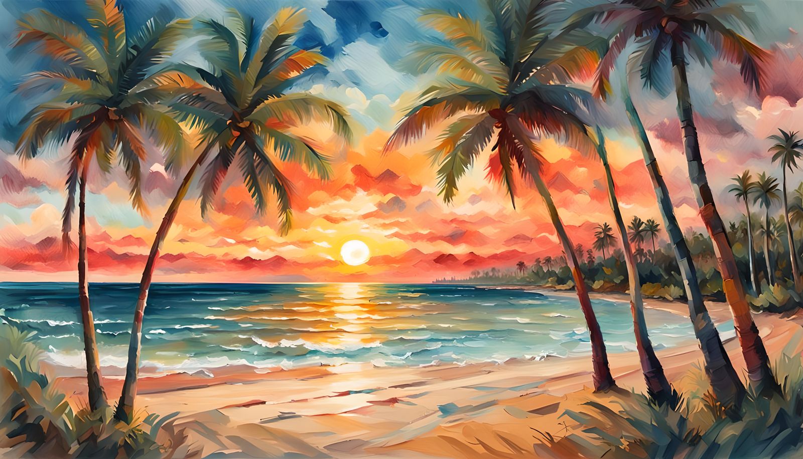 Tropical Beach Sunset in Gouache Watercolor Style