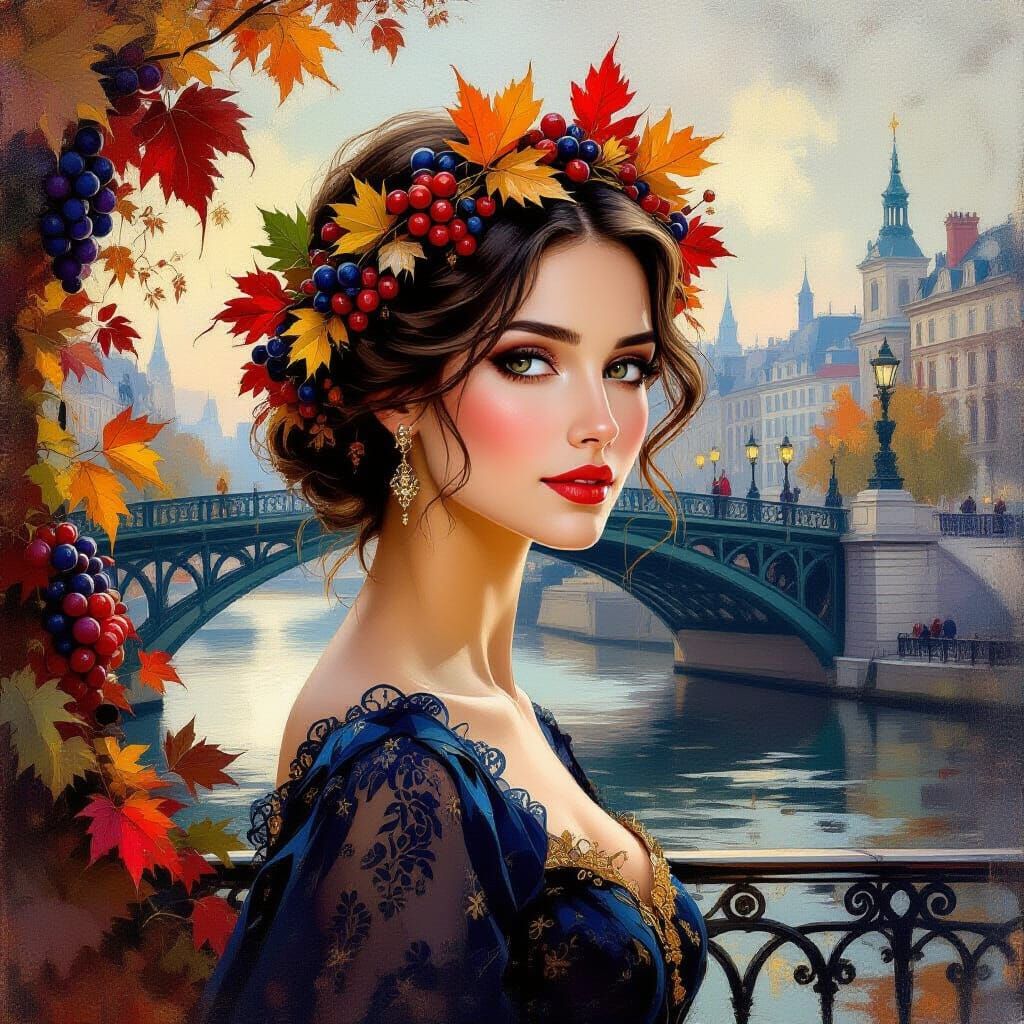 Autumnal Portrait of a Serene Woman with Botanical Crown