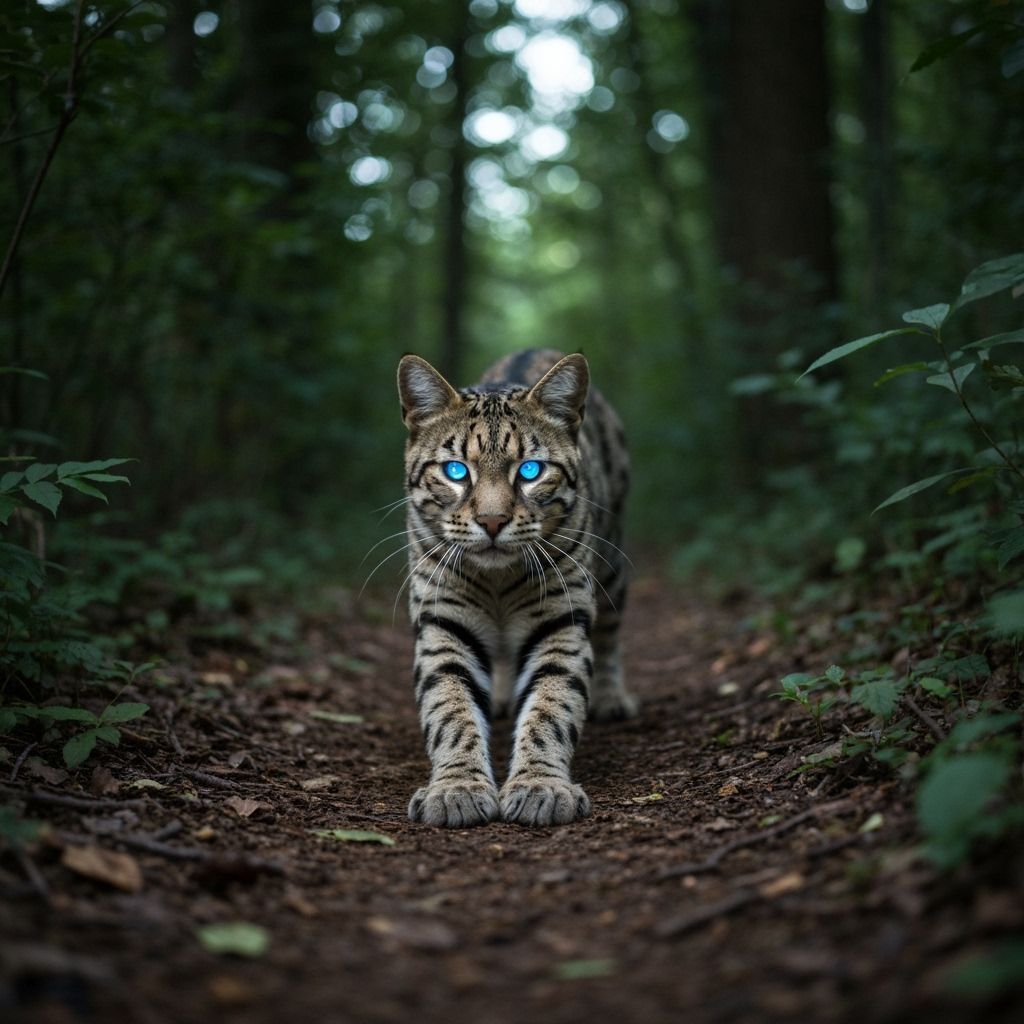 Bioluminescent Cat Leaping in a Glowing Forest