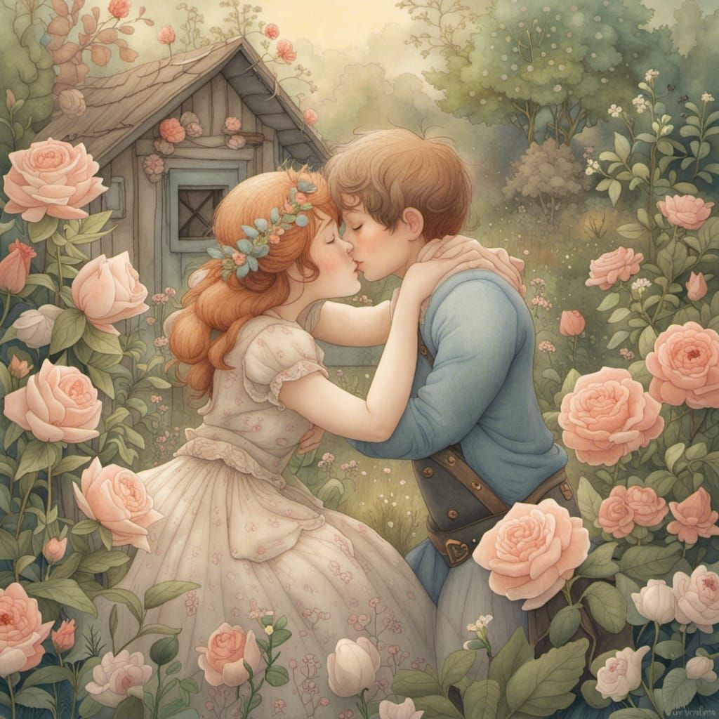 Chubby Couple's Kiss in Fairytale Cottage Garden
