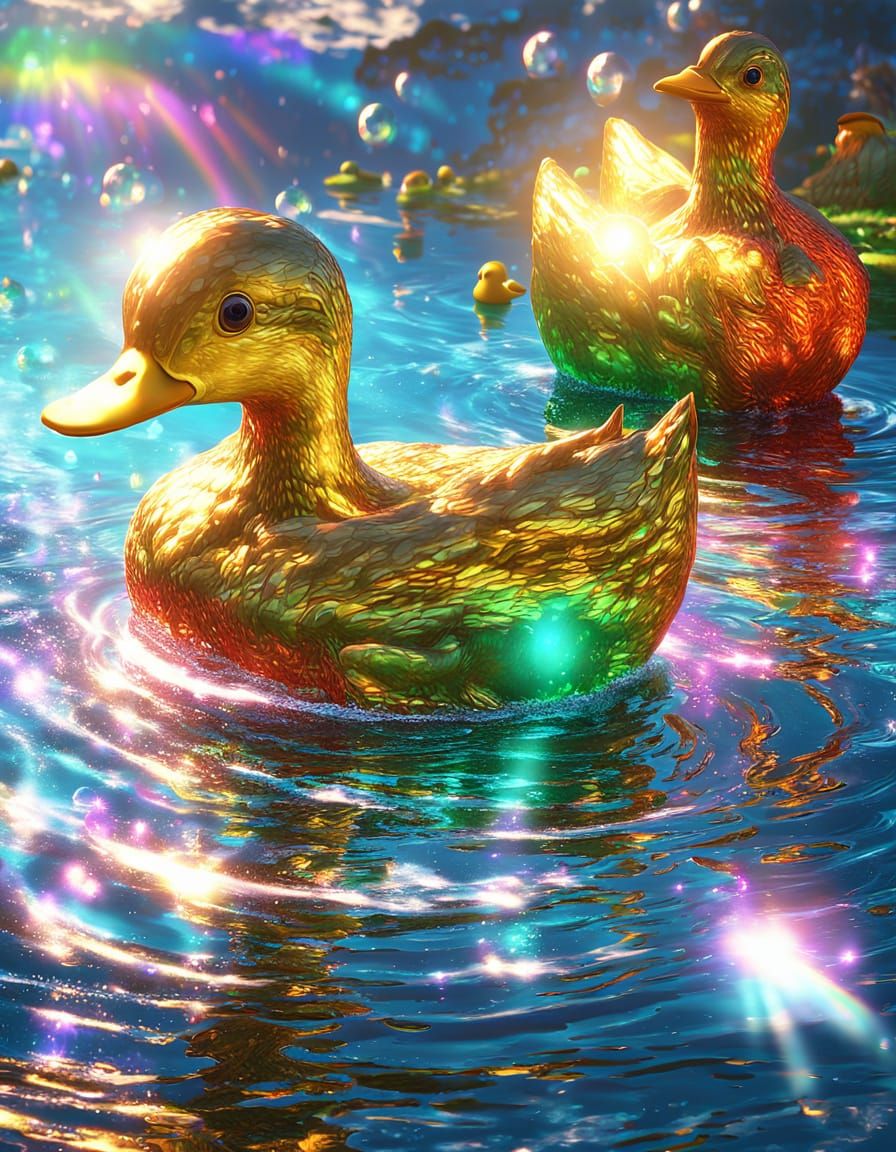 Rainbow Rubber Ducks in a Vibrant 3D Anime World