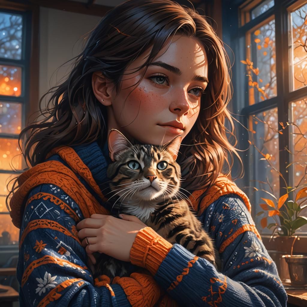Girl Hugging Cat: Detailed Digital Art Portrait