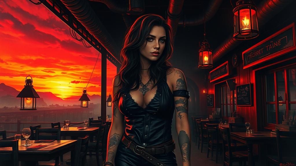 Steampunk Woman in Post-Apocalyptic Sunset, Gouache Style