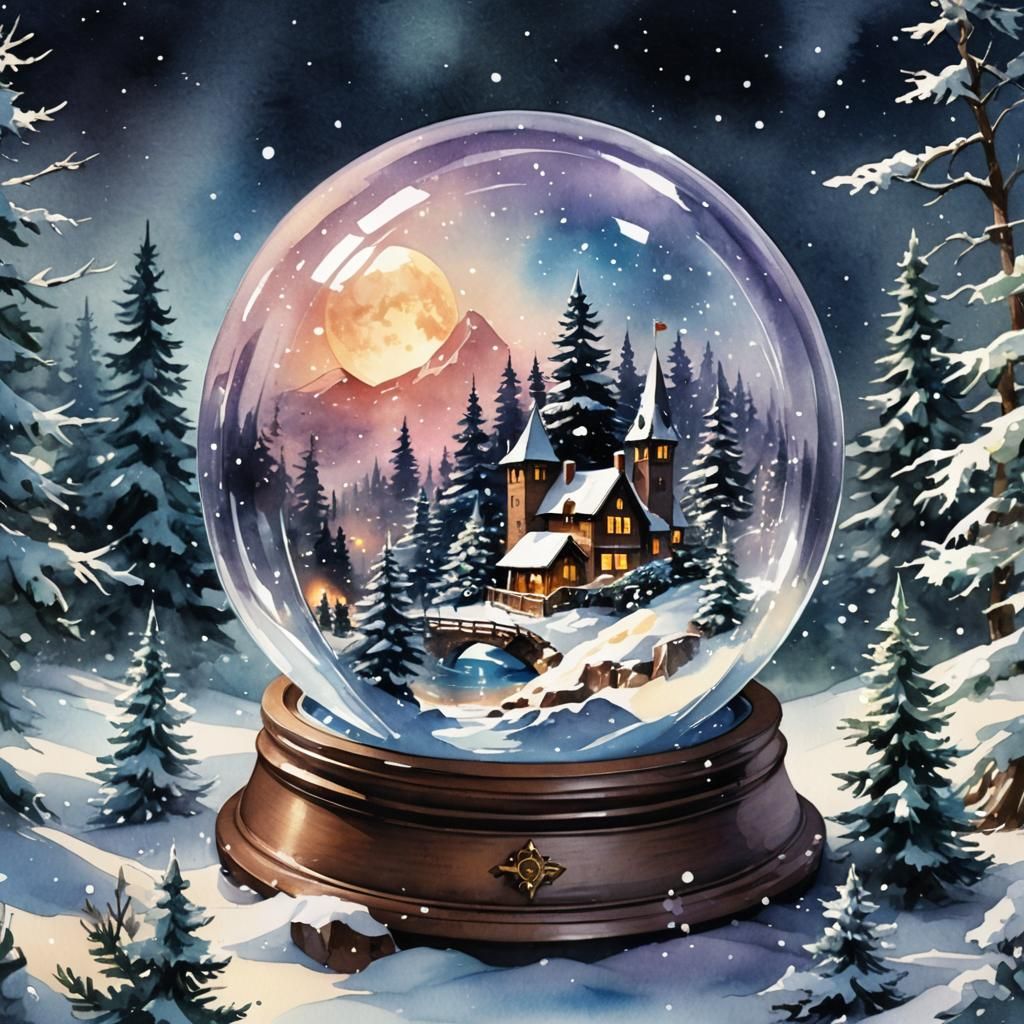 Snow Globe Village in Watercolor Art Style