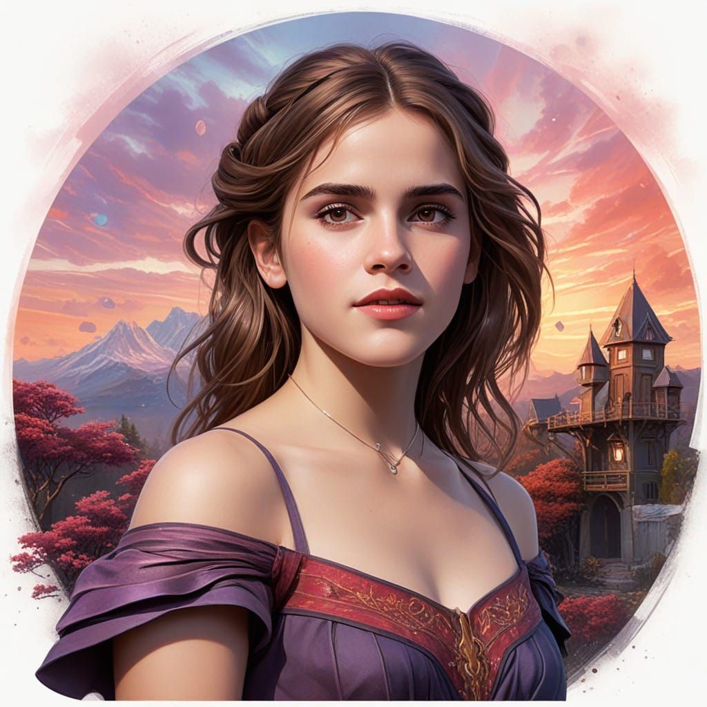 Dreamy Fantasy Portrait of Emma Watson in Vibrant Cosmic Aur...