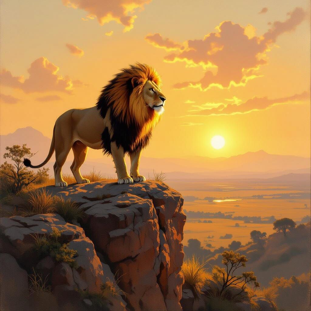 Fiery Maned Lion on Savanna Cliff as Oil Painting