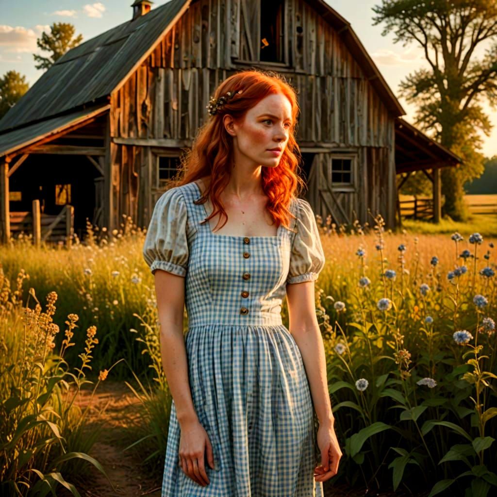 Rustic Summer Farm Girl in Gingham Dress