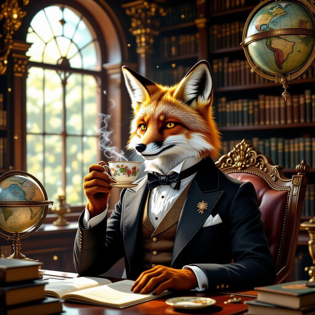 Victorian Fox Enjoys Tea in Antique Library