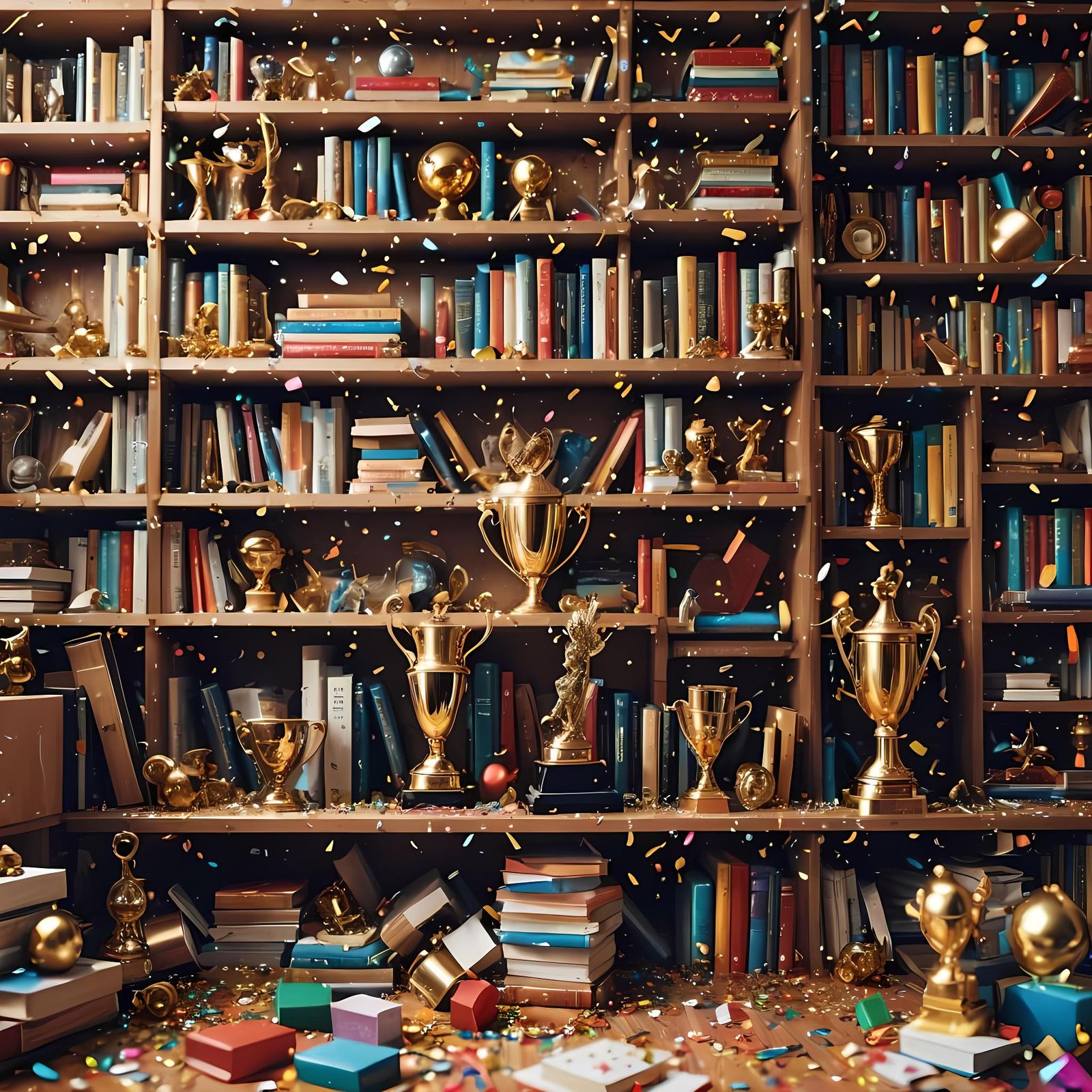 Trophy Bookshelf Celebration with Realistic Lighting