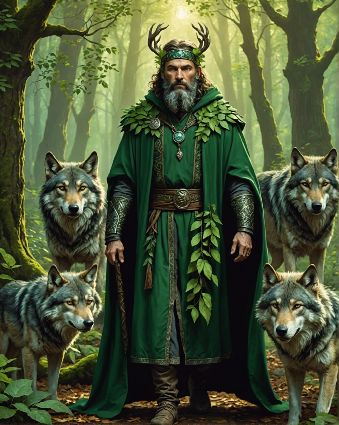 Druid and Wolf in Radiant Forest