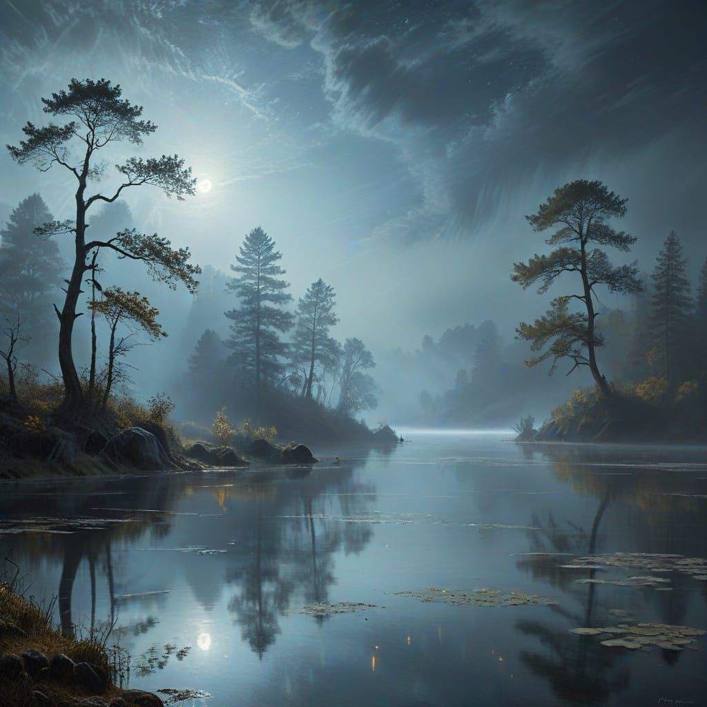 Dreamy Moonlit Lake Scene in Romantic Style