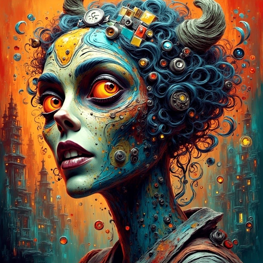 Rubik's Cube head. surrealism analogous colors Tim Burton Da...