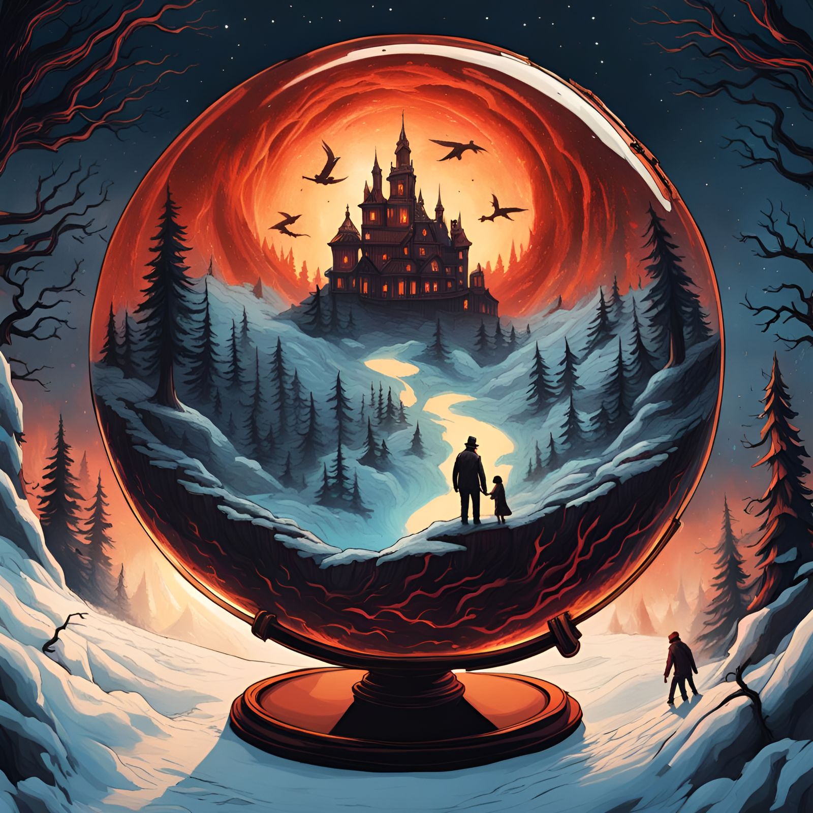 ::double exposure hellscape within a globe, demonic ash globe, hell in a snow globe:: extreme detail, complex double exp...