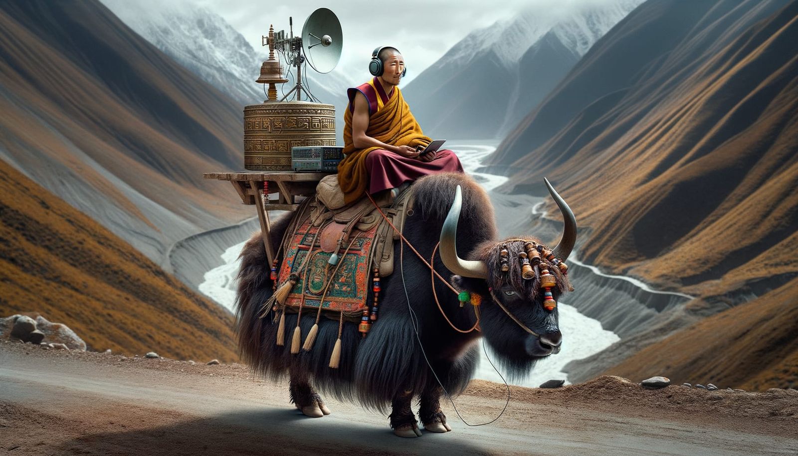 Tibetan Monk and Yak Traverse Himalayan Terrain in Vibrant P...