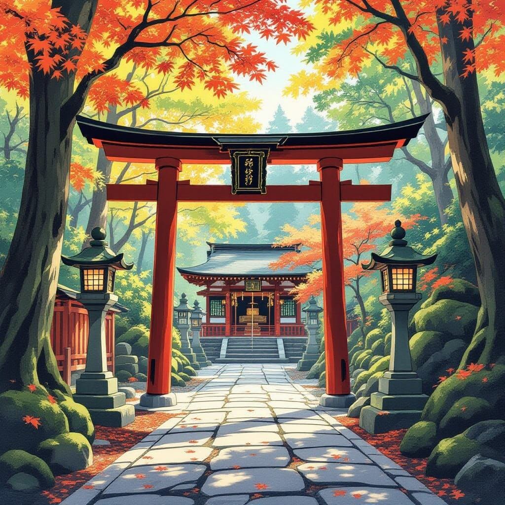 Serene Shinto Shrine in Autumn Forest