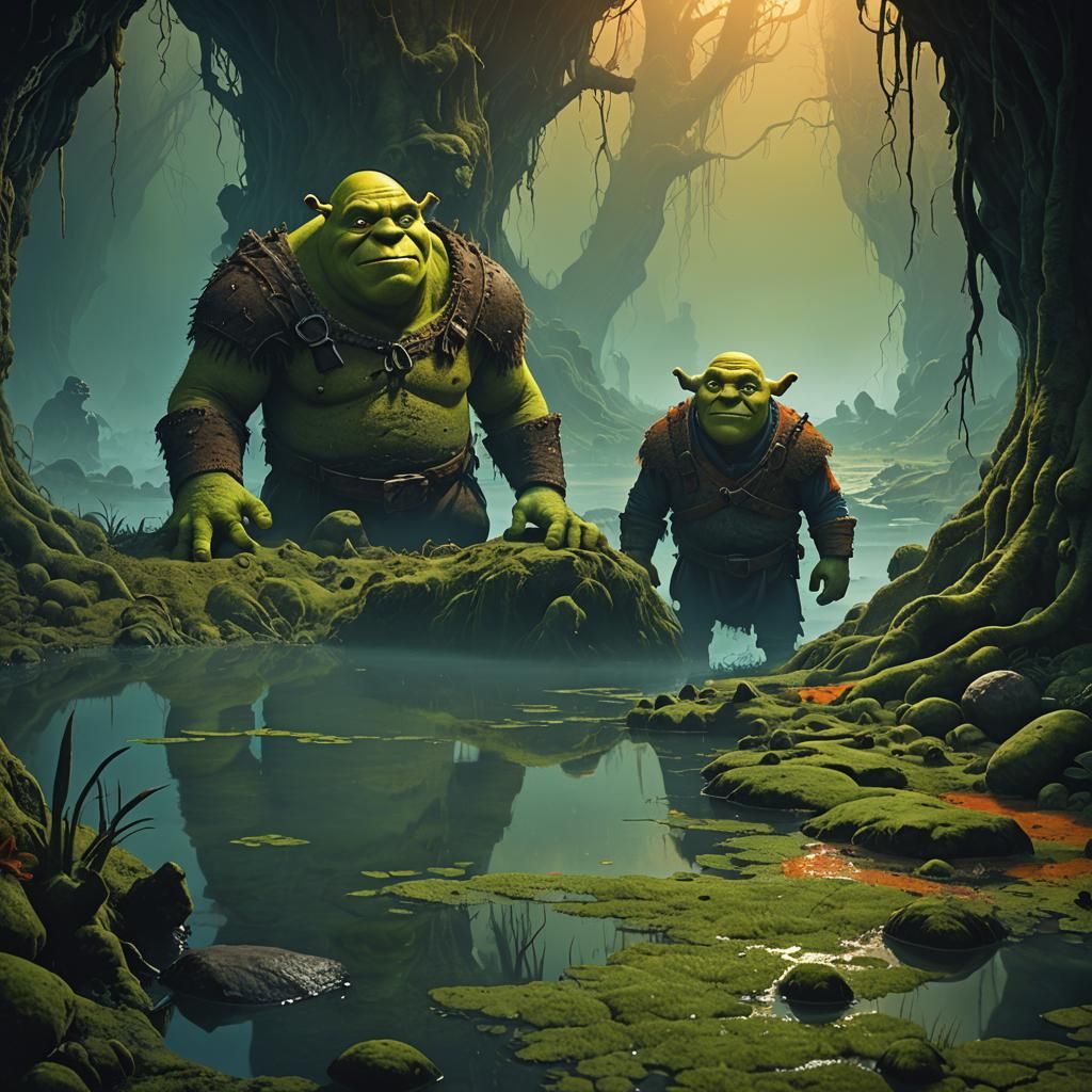 Shrek and Gru Dwarf in Dark Fantasy Cave