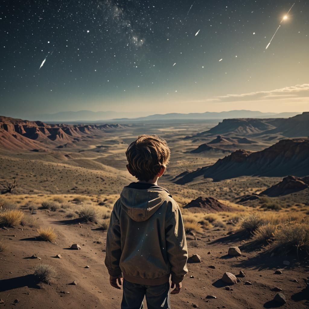 Child Gazing at Star-Crowned Giants