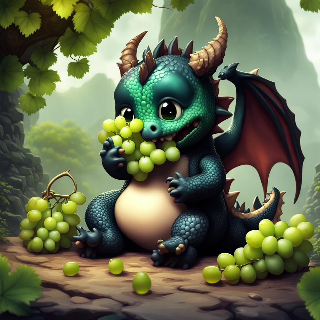 Chibi Black Dragon Enjoys Green Grapes