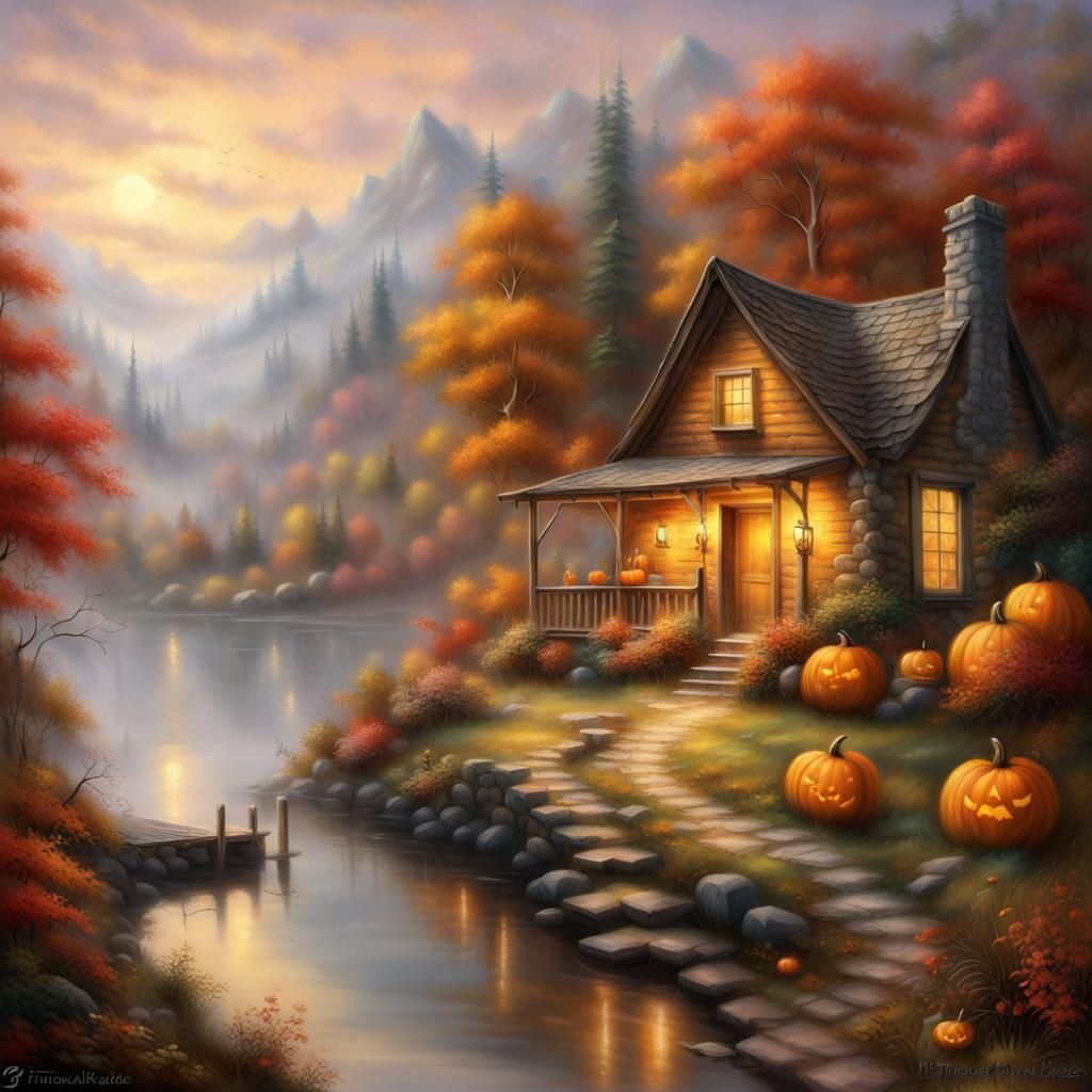 Autumn Cabin by Lake: Ethereal Fantasy Scene