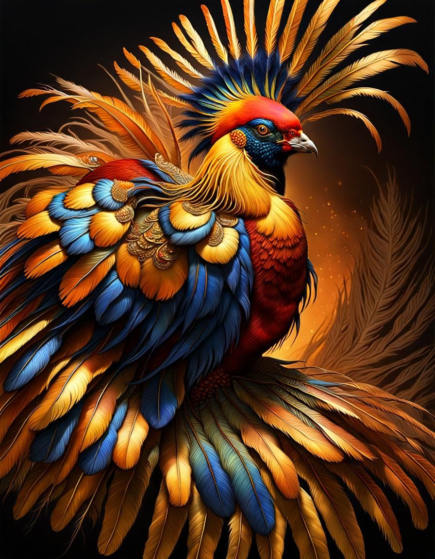 Golden Pheasant with Long Feathers in Hyperrealistic Style