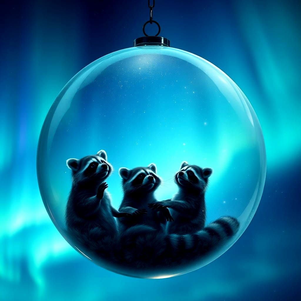Surreal Aurora Sanctuary with Glowing Raccoon Family
