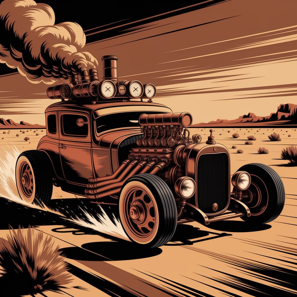 A steampunk rat rod powered by a massive, exposed engine, te...