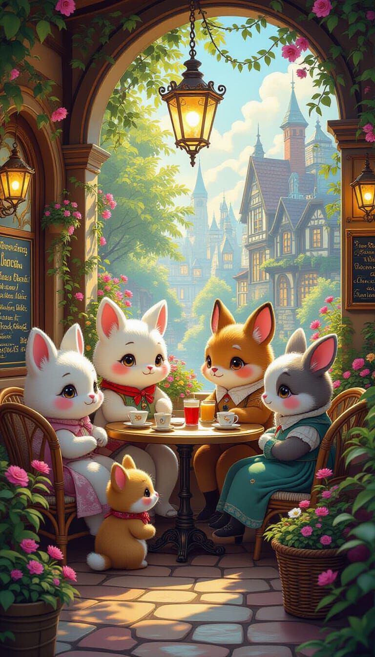 Enchanted Cafe With Whimsical Characters and Cute Animals