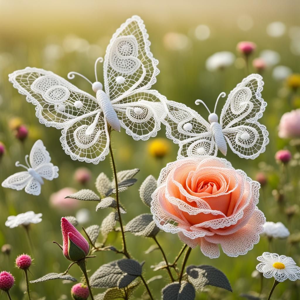 Lace Rose and Butterfly in Summer Meadow