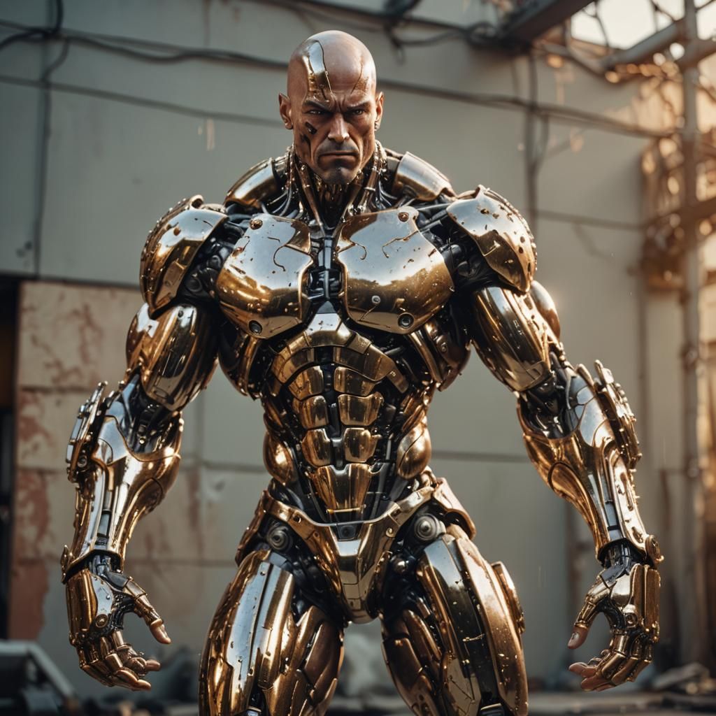 Silver and Chrome Robotic Muscle Daddy. A heavily damaged, bald, powerful robot with exaggerated muscles. Wide Shot. Lar...