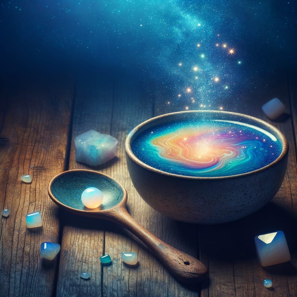 Iridescent Rainbow Soup in Moonlit Kitchen