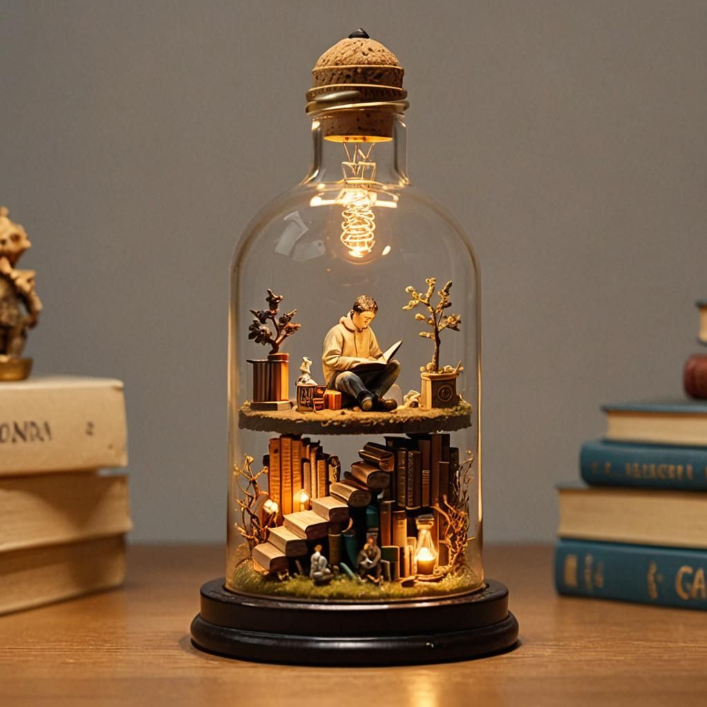 Miniature Book Reader in a Bottle Diorama