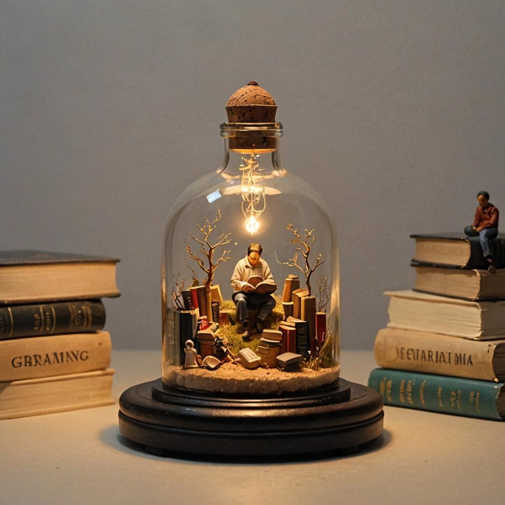 Miniature Book Reader Diorama in Glass Bottle