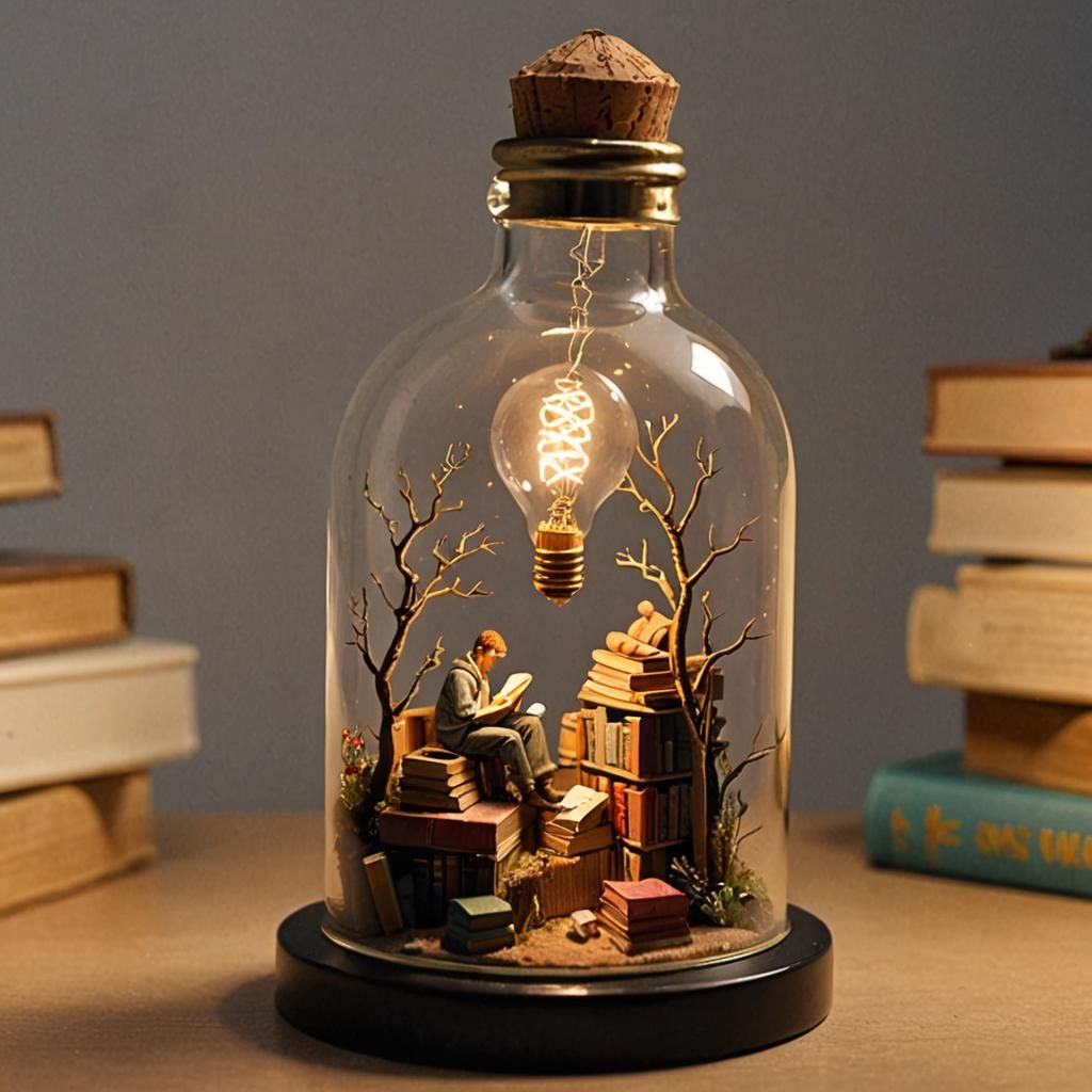 Miniature Book Reader Diorama in a Bottle