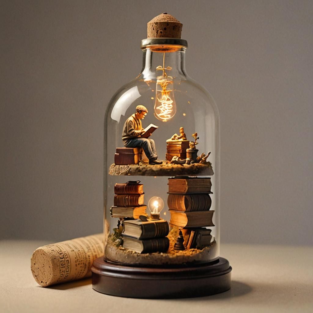 Miniature Reader in a Bottle Diorama