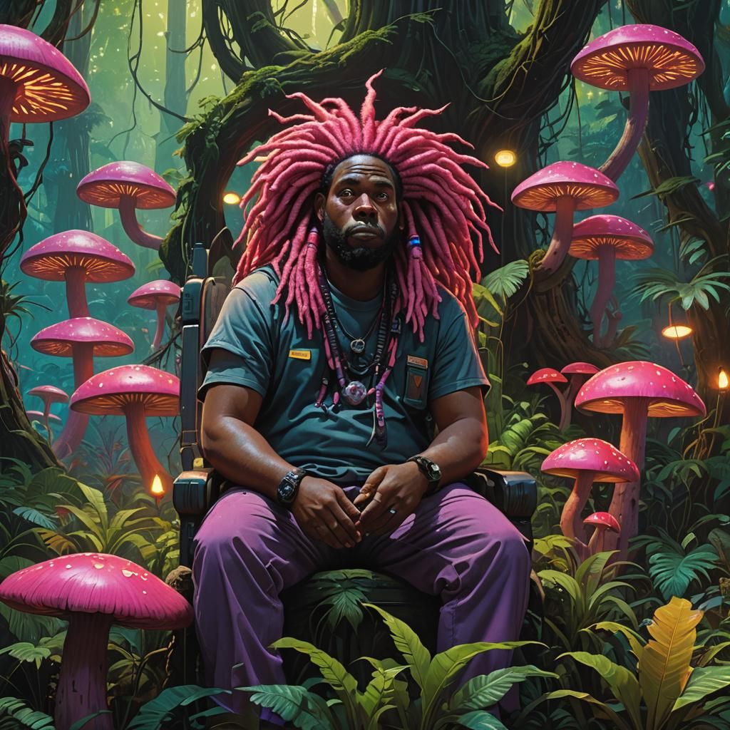African Man with Pink Hair on Jungle Throne
