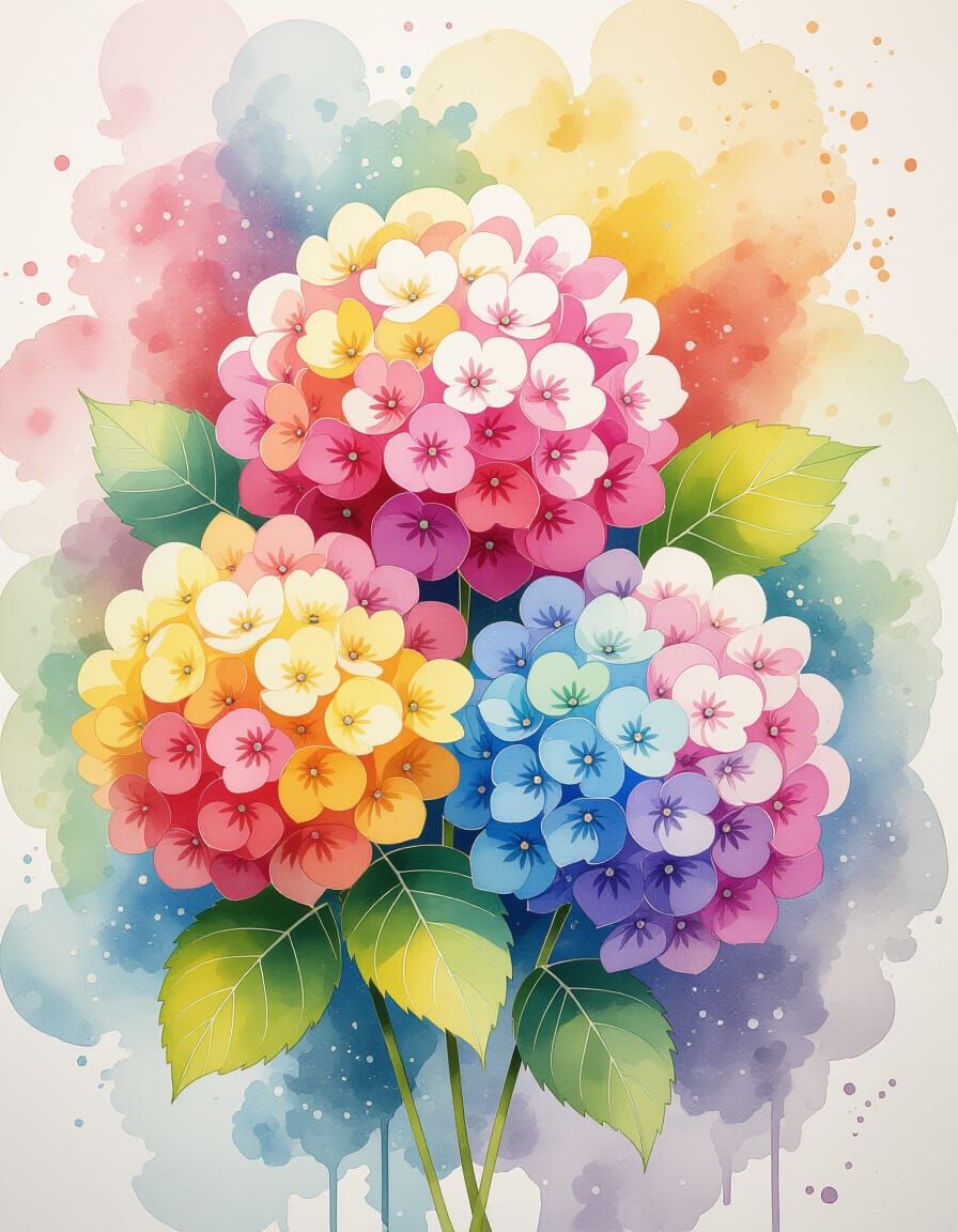 Vibrant Multicolored Hydrangea Flowers in Watercolor