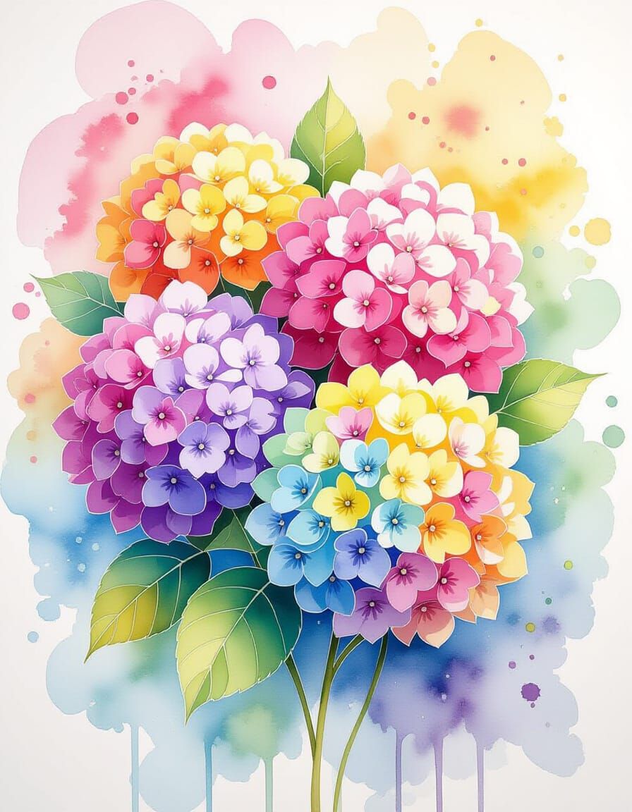 Vibrant Multicolored Hydrangea Flowers in Watercolor