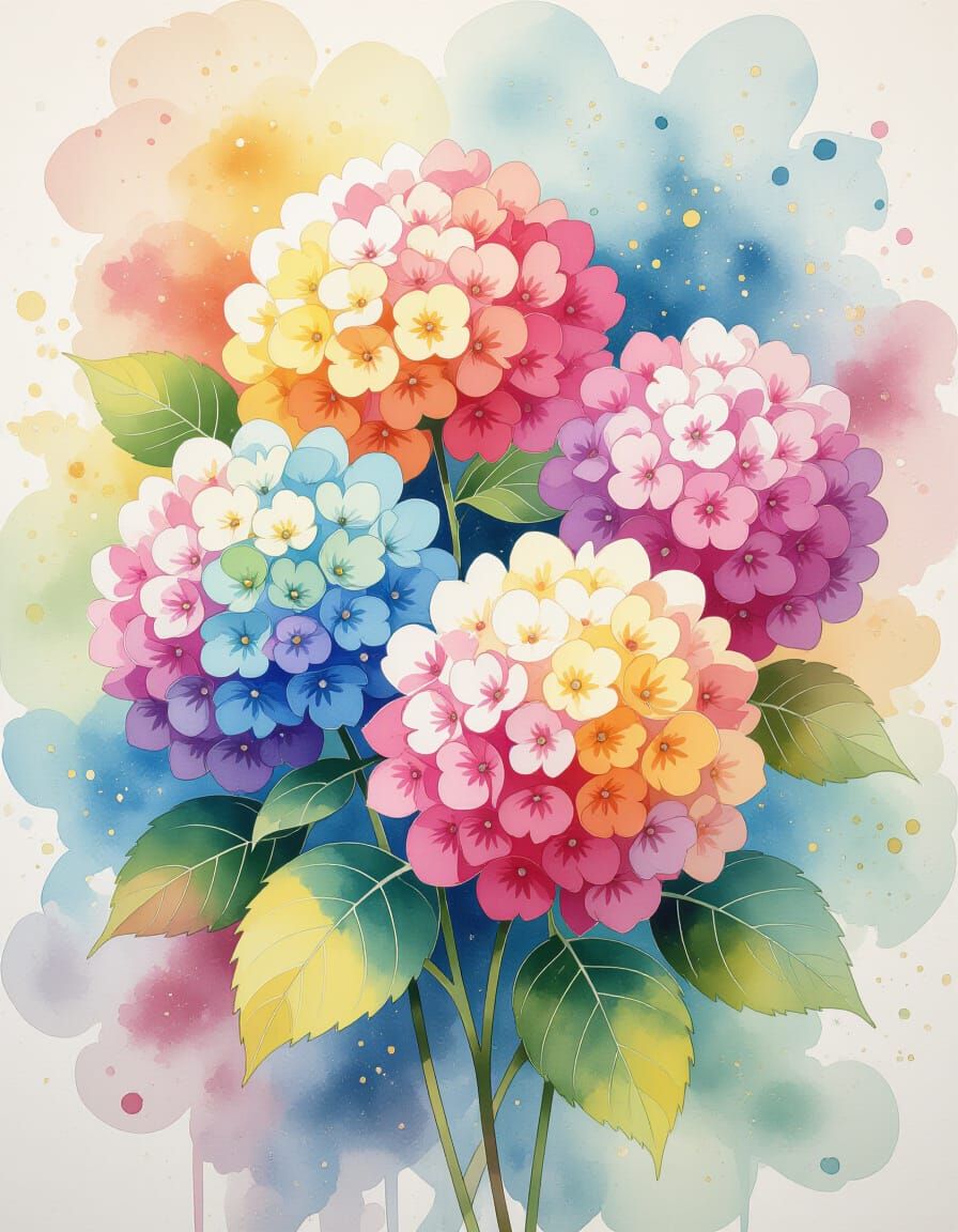 Vibrantly Multicolored Hydrangea Flowers in Watercolor