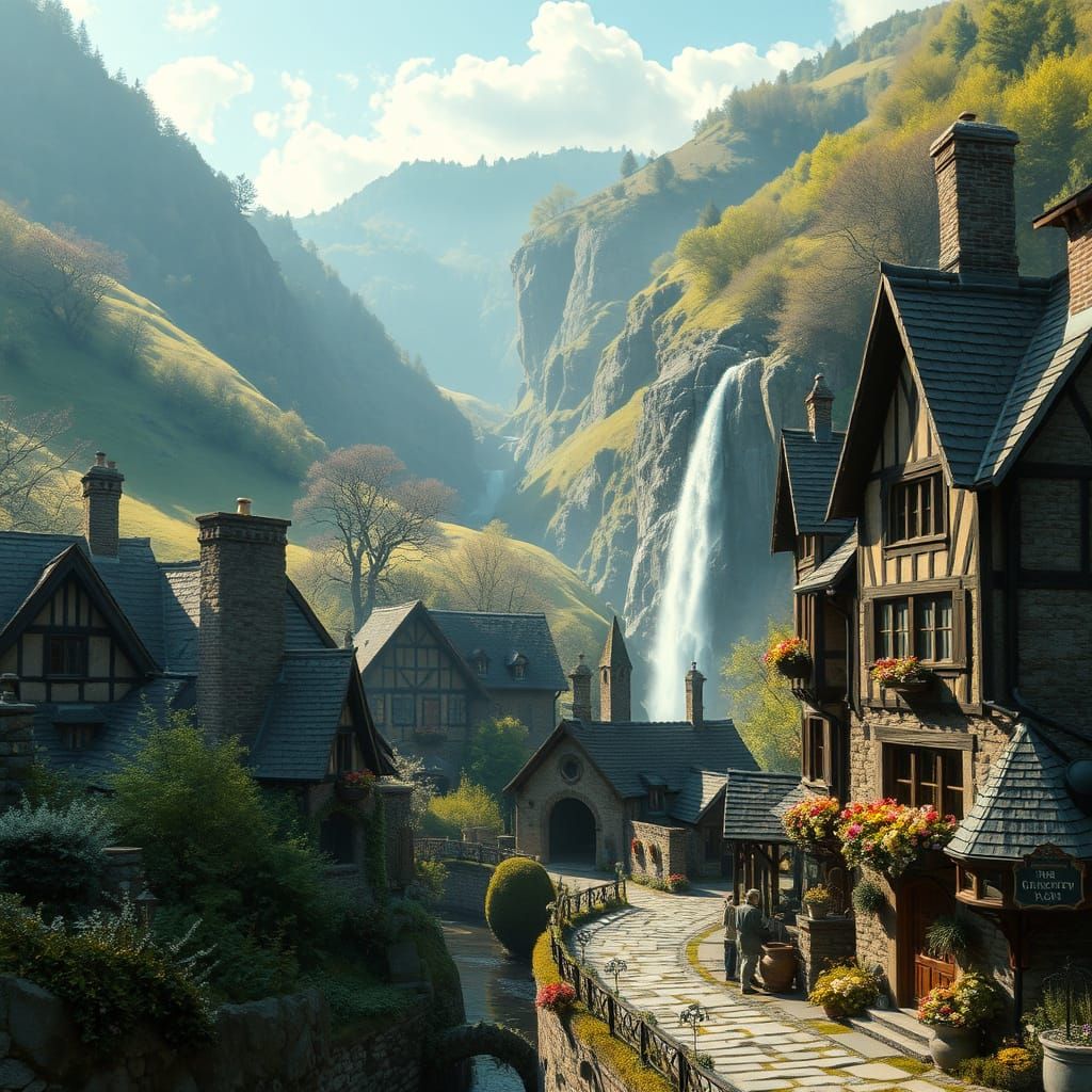 Surreal Village in a Valley with Majestic Waterfall and Vibr...
