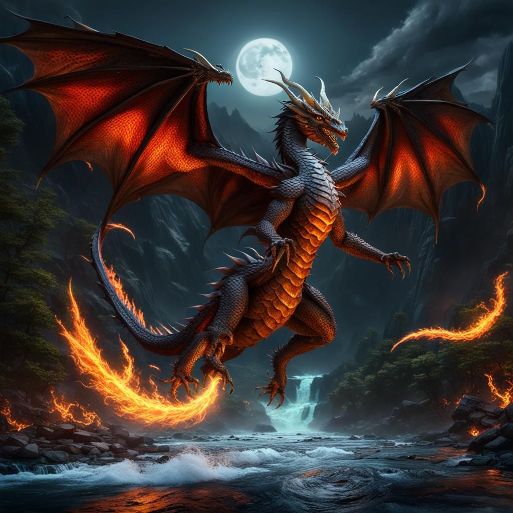 Dragon Woman Flying Over River in Art Nouveau Style