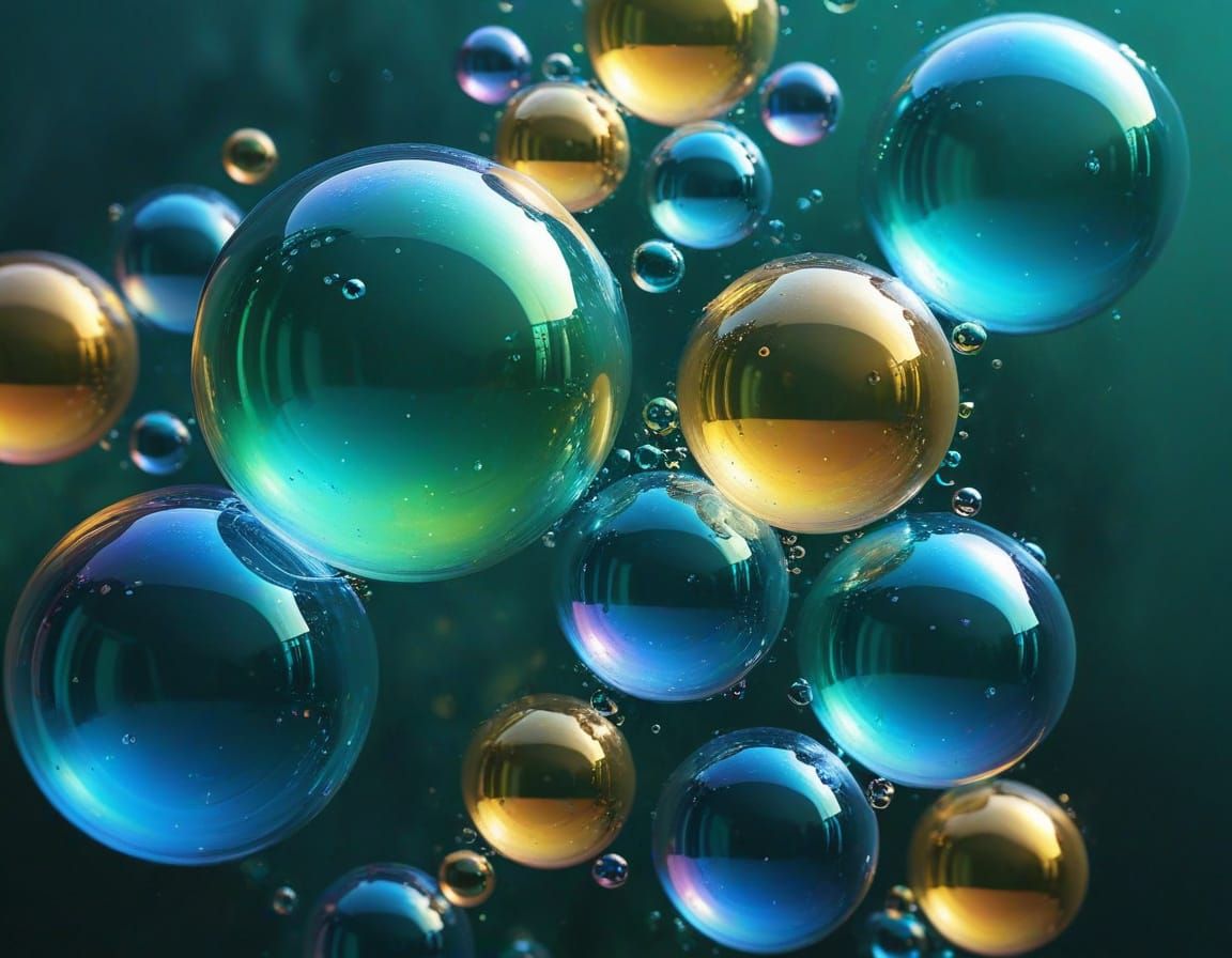 Iridescent Bubble Background with Green, Blue, and Yellow Hu...