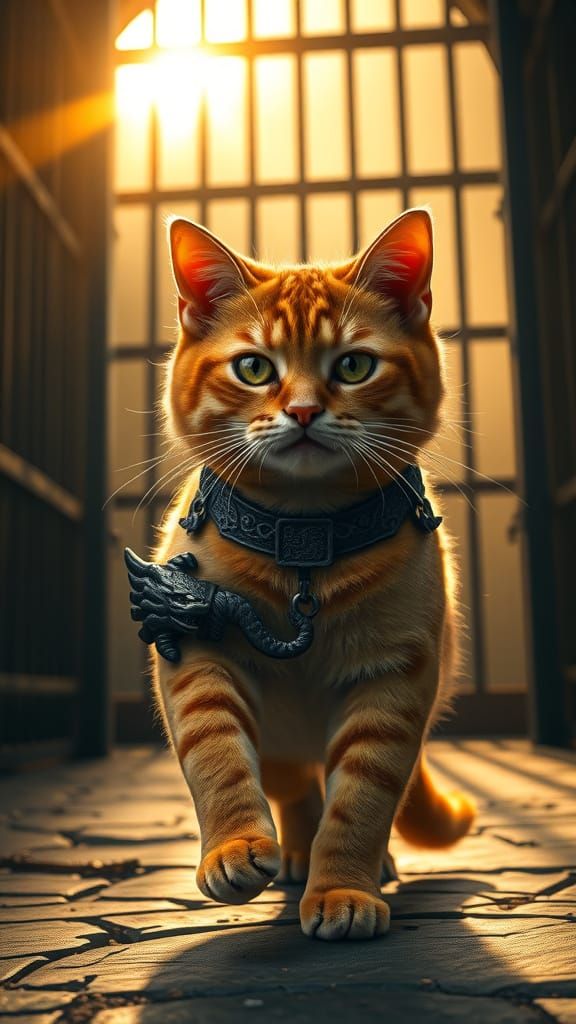 Orange Cat Escapes Prison: Hyperrealistic Matte Painting