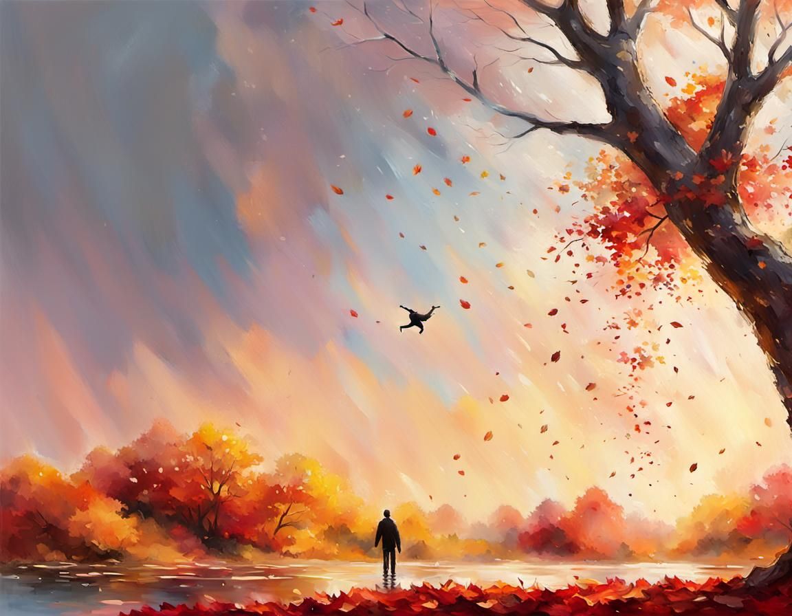 Lone Figure Falling in Autumn Impressionist Painting