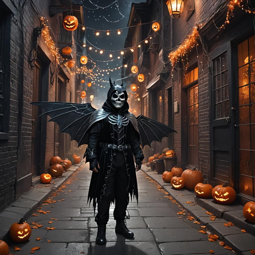 Elaborate Halloween Costume in Dimly Lit Alleyway