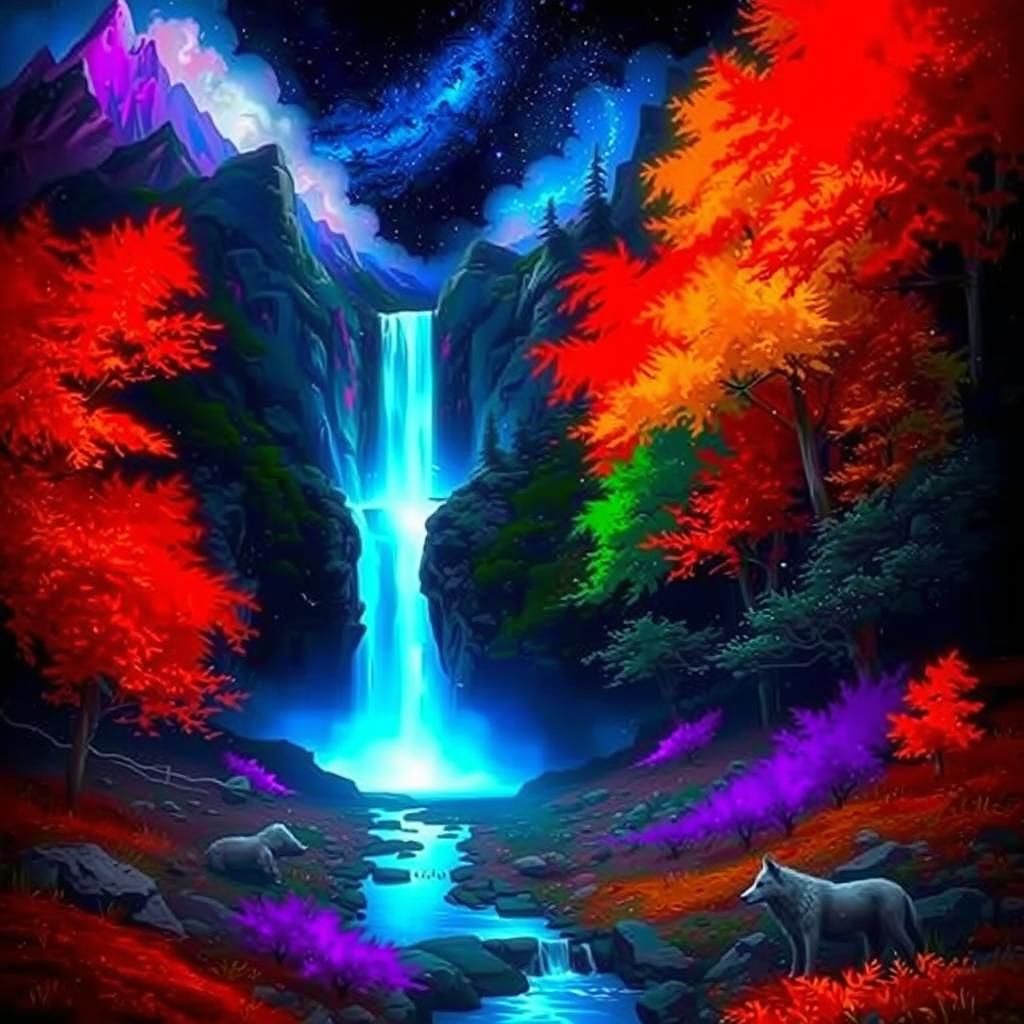 Mystical Wolf by Waterfall: Holographic Astral Illustration