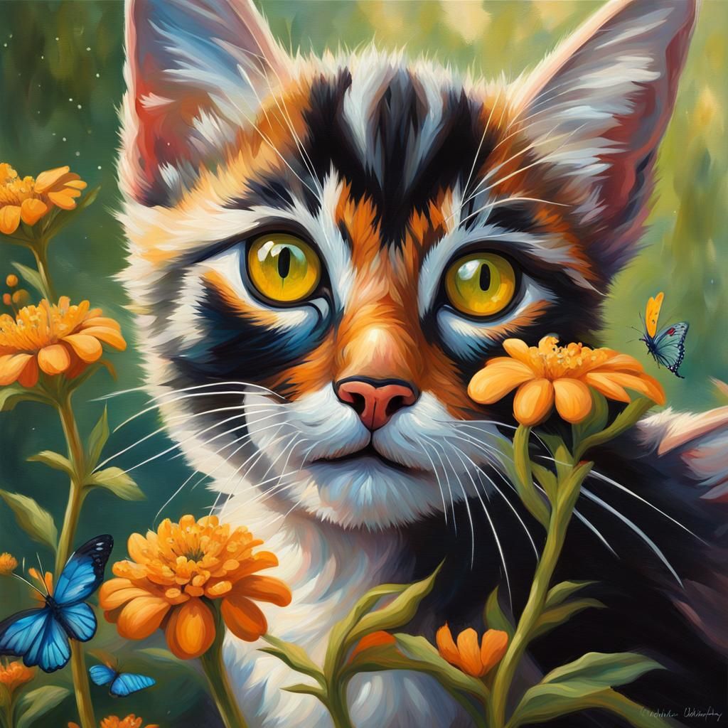 Hyperrealistic Oil Painting: Kitten and Butterfly